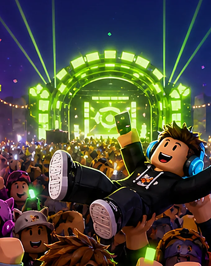 The green main stage arch with a fan crowd-surfing in front.