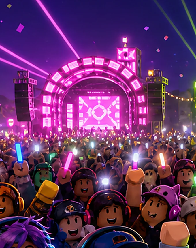 The pink stage arch glowing over the crowd.